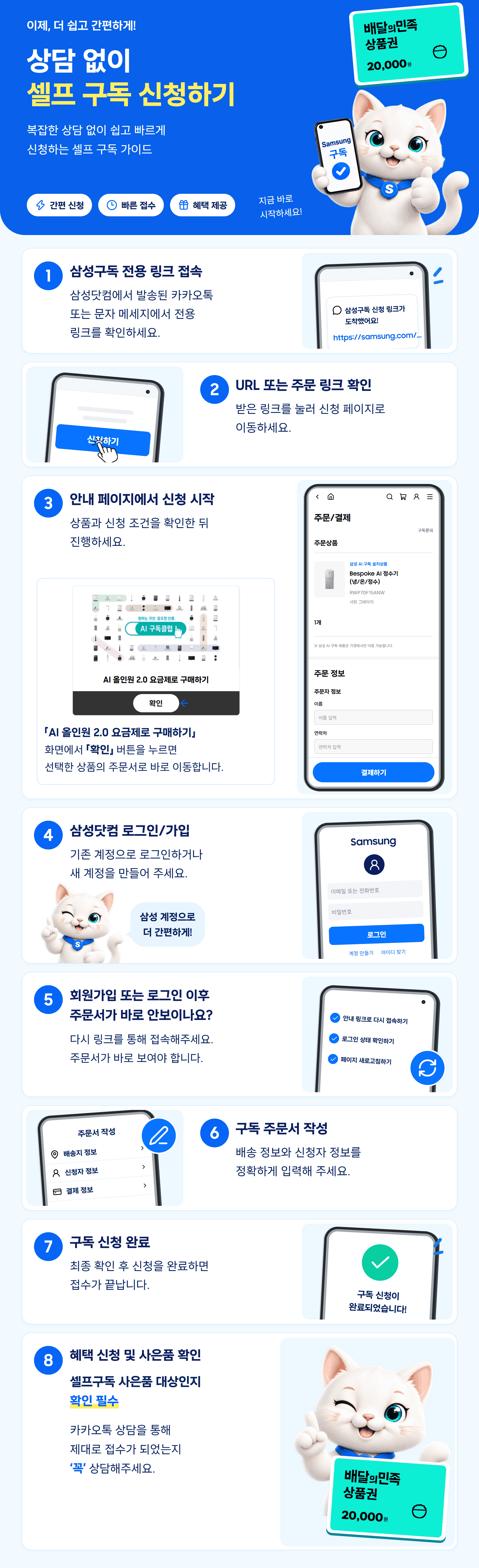 상담 없이 셀프 구독을 신청하는 8단계 안내 이미지. 전용 링크 접속, 주문 링크 확인, RWP70F15ANW 모바일 주문 화면과 삼성닷컴 로그인·가입, 주문서 재접속, 주문서 작성 후 신청 완료, 사은품 대상 및 카카오톡 접수 확인. 배달의민족 상품권 2만원권 이미지.
